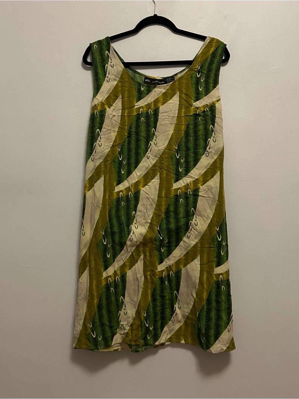 Mlle Gabrielle Green, Olive and Cream Tropical Print Mini Dress with waist tie